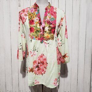 Antica Sartoria XXL 3 Top Tunic Green Pink Floral Boho Resort Beach Cottage